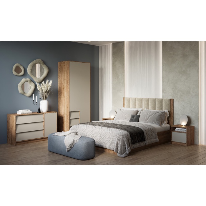 Кровать двуспальная «Ева», с мягким изголовьем, с основанием, 1600×2000 мм, цвет крафт табачный/кашемир