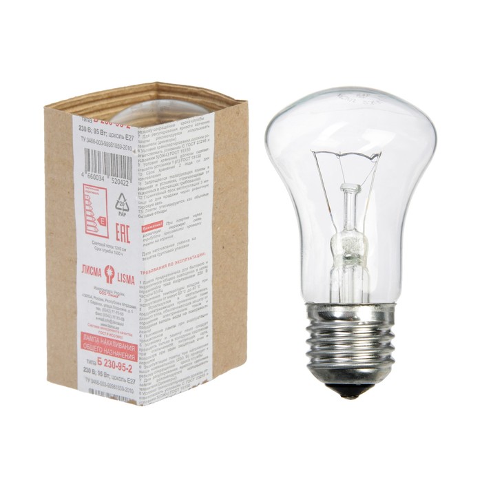 Лампа накаливания «Лисма», Б, Е27, 95 Вт, 230 В