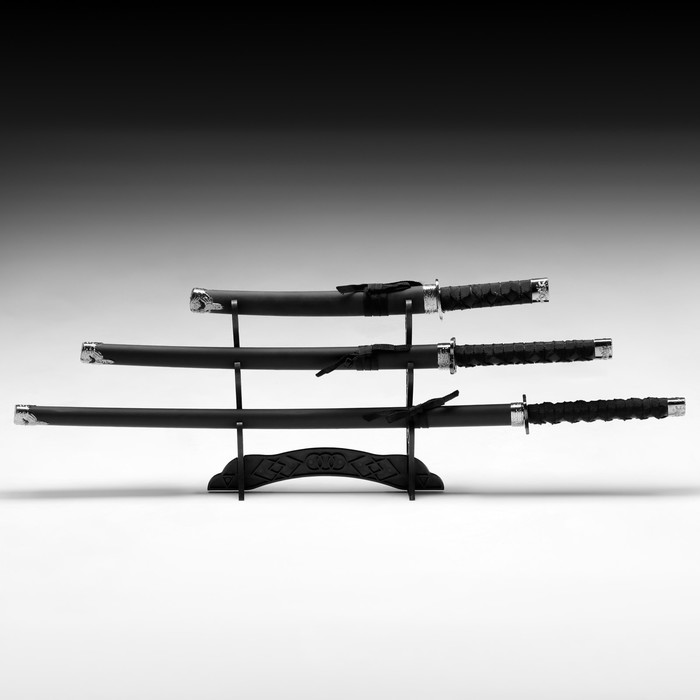 Макет оружия «Сувенирные катаны на подставке 3в1. Строгость», подарочный набор, ножны кожзам, матовая, чёрная, 47 см; 70 см; 89 см