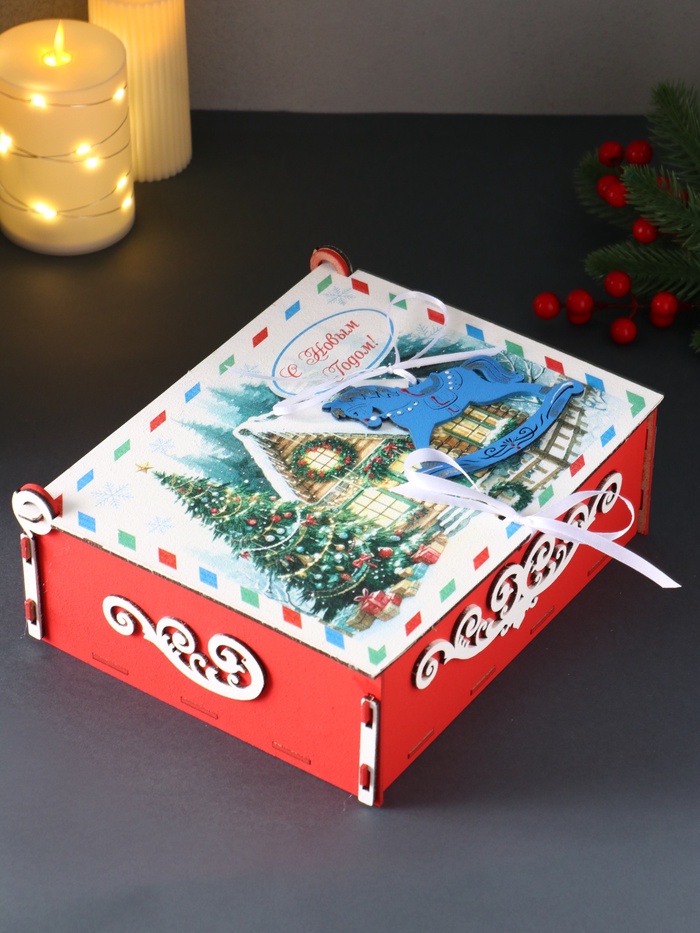 Деревянная шкатулка подарочная «С Новым Годом», упаковка с фигуркой, 24×20×9 см