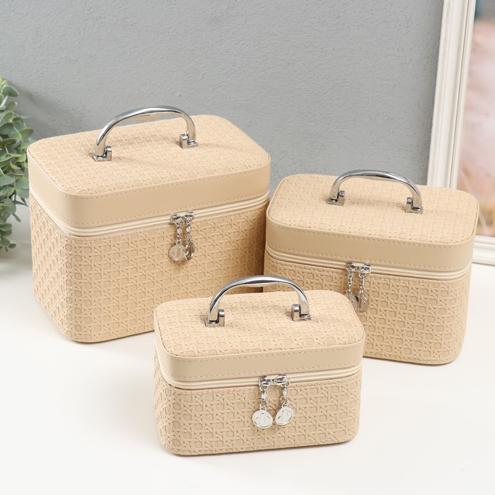 Набор шкатулок для украшений с зеркалом «Вязка. бежевая», 3 шт., искусственная кожа