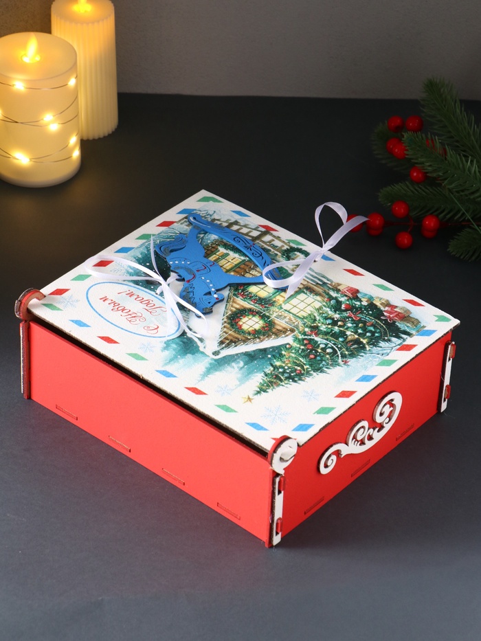 Деревянная шкатулка подарочная «С Новым Годом», упаковка с фигуркой, 24×20×9 см