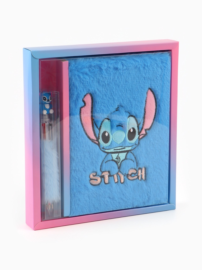 Блокнот пушистый и ручка многоцветная «Стич», голубой