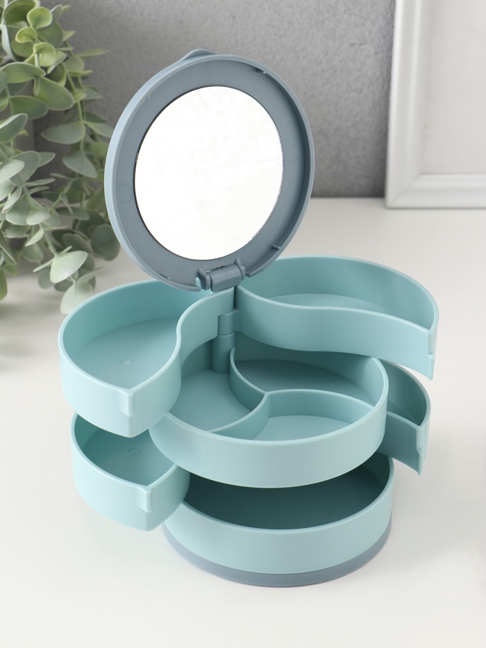Шкатулка - органайзер для хранения украшений «Круглая. 4 уровня», пластик, зеркало, голубая, 10×10×10 см