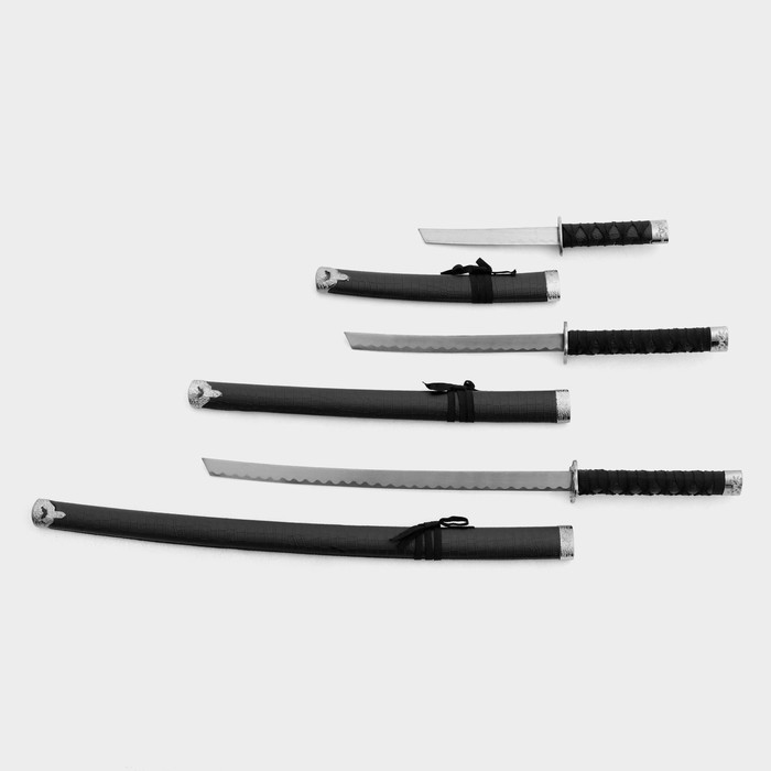 Макет оружия «Сувенирные катаны на подставке 3в1. Чёрный питон», подарочный набор, ножны кожзам, матовый, 46 см; 70 см; 89 см