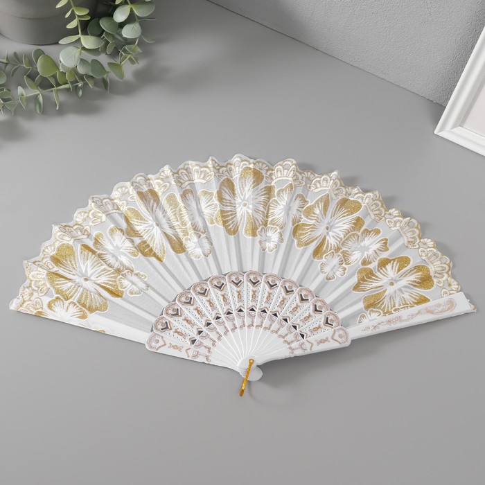 Веер складной «Золотые узоры», пластик, текстиль, блёстки, 22.5 см, МИКС