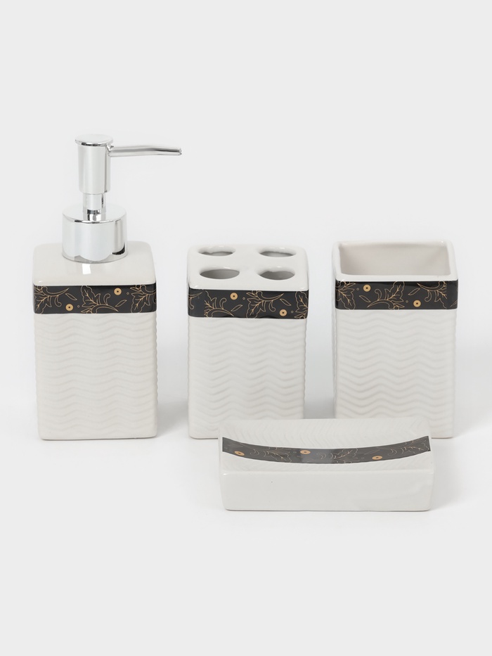 Аксессуары для ванной «Золотой лист», 4 предмета: дозатор 250 мл, мыльница, 2 стакана, белые