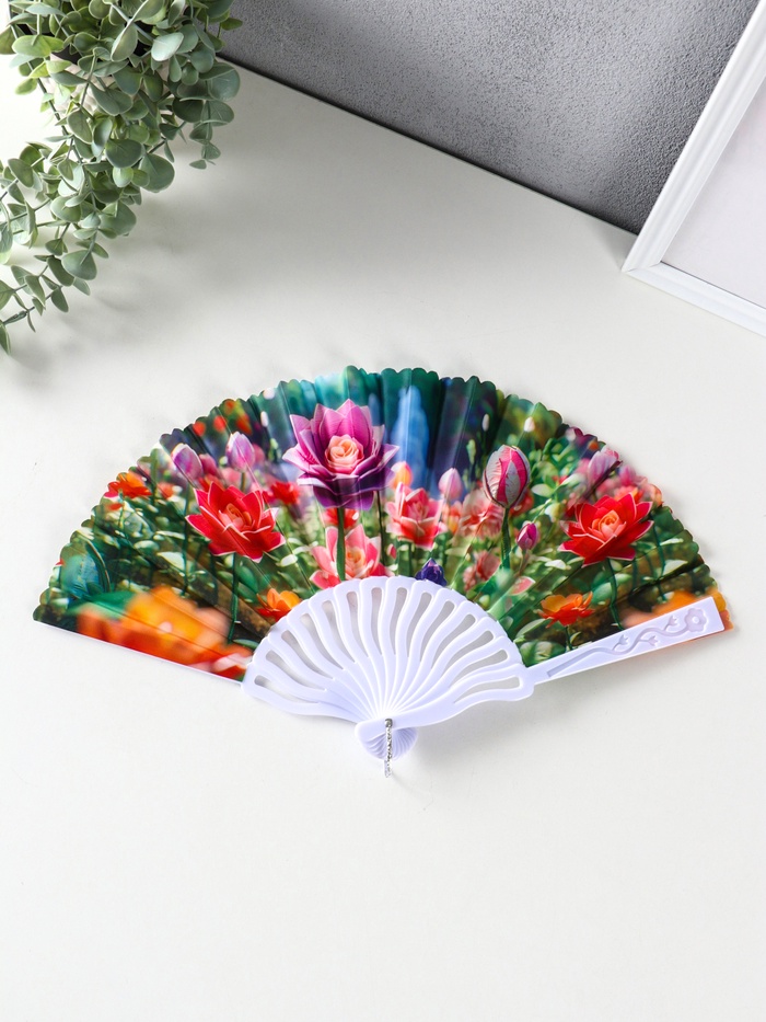 Веер складной «Пластилиновые цветы», 23 см, МИКС
