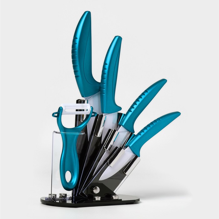 Набор кухонный на подставке «Изгиб», 5 предметов: 4 ножа, 7.5 см, 10 см, 13 см, 15 см, овощечистка, синий
