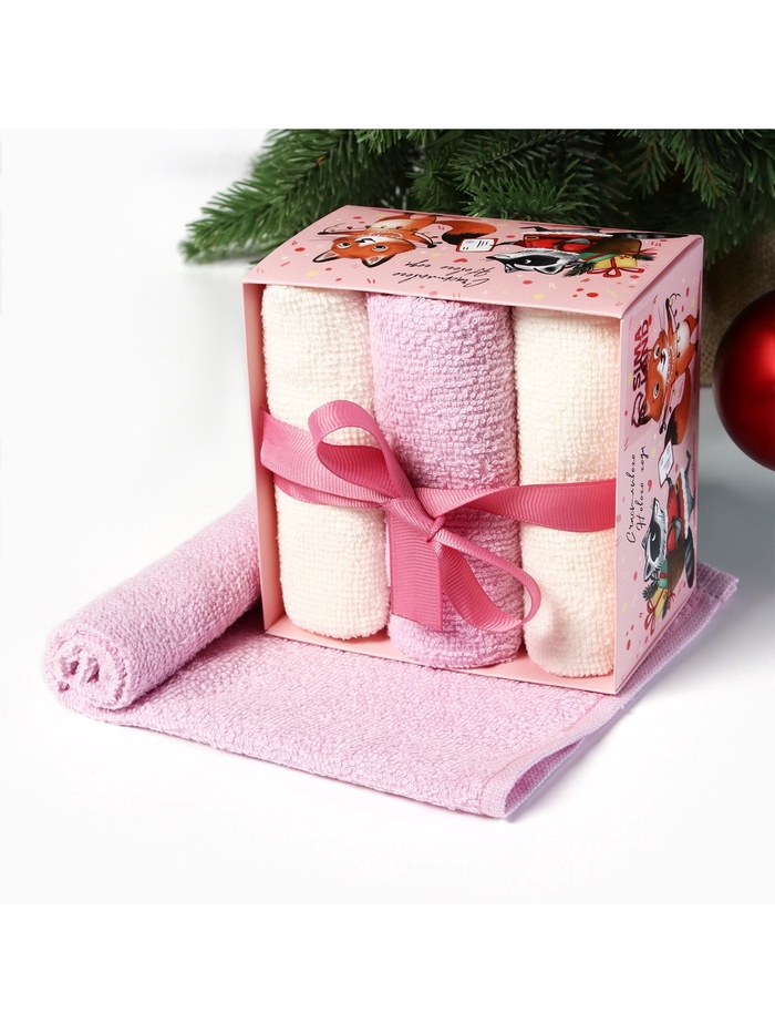 Набор махровых полотенец «Этель. Енот и лисичка», 30×30 см - 3 шт., хлопок 100%