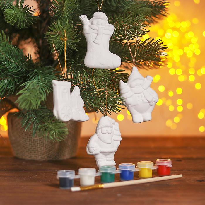 Ёлочные игрушки под раскраску 4 шт. «Прелесть» с подвесом, краска, кисть