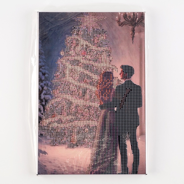 Алмазная вышивка на раме с частичным заполнением «Новогодняя ночь» 20×30, с гирляндой