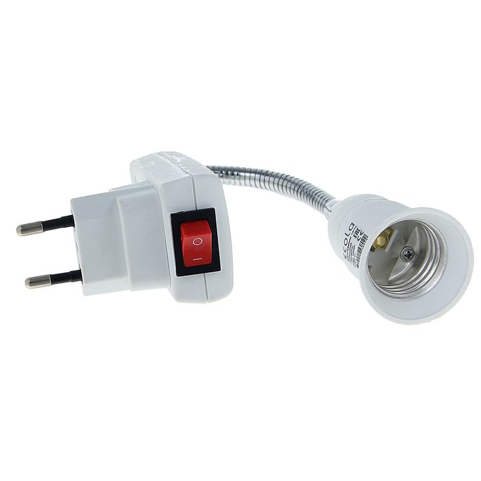 Переходник Ecola, вилка-патрон, Е27, 275×45 мм, с выключателем, гибкий, белый