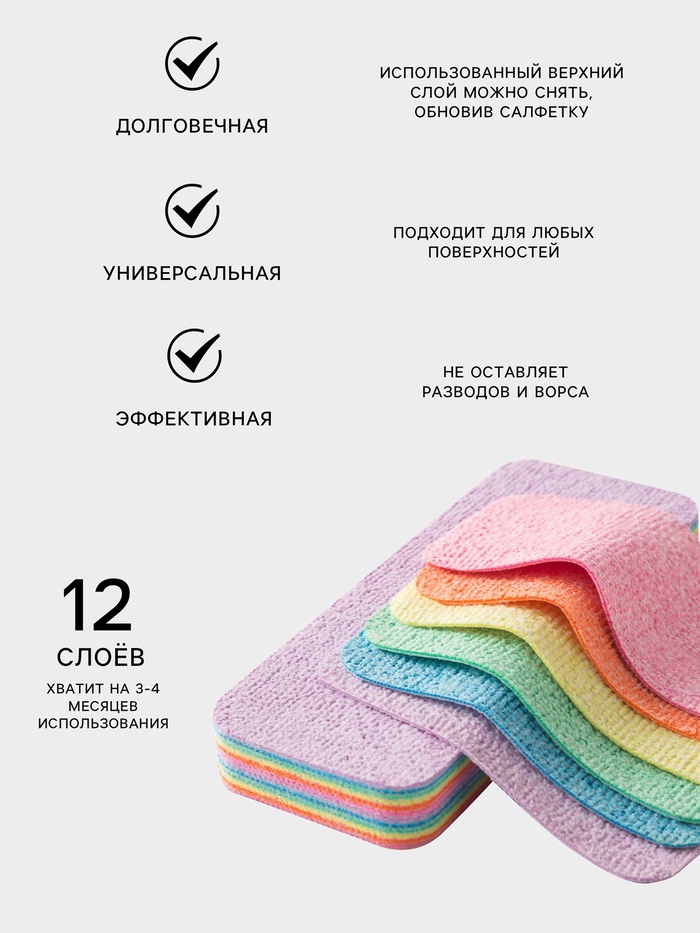 Салфетка многослойная для уборки из микрофибры MicroPVA, 17×7 см, 12 слоев