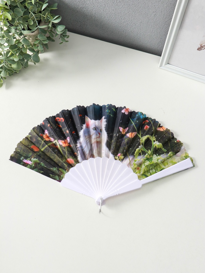 Веер складной «Кошечки и цветы», широкие лопасти, 23 см, МИКС