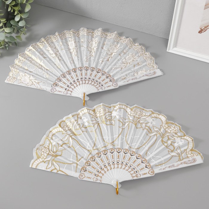 Веер складной «Золотые узоры», пластик, текстиль, блёстки, 22.5 см, МИКС