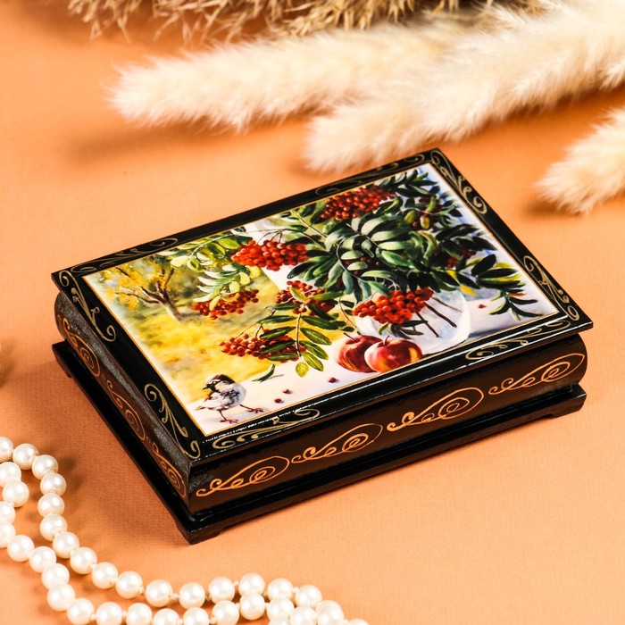 Шкатулка для украшений «Рябина на окне», 10×14 см, лаковая миниатюра