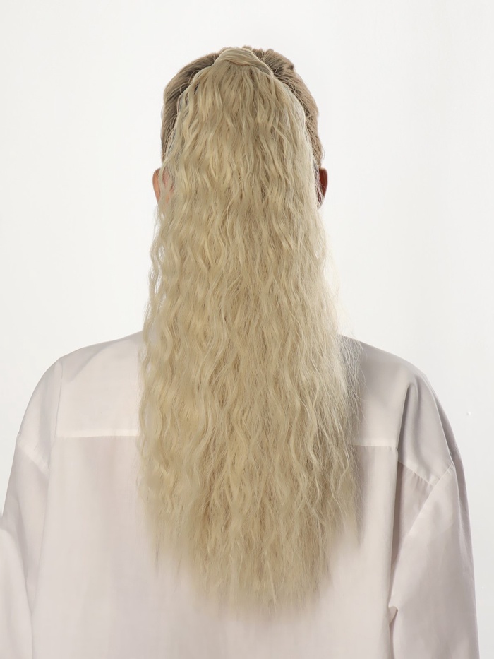 Хвост накладной, волнистый волос, на резинке, 60 см, 100 г, холодный блонд(#SHT88 В)