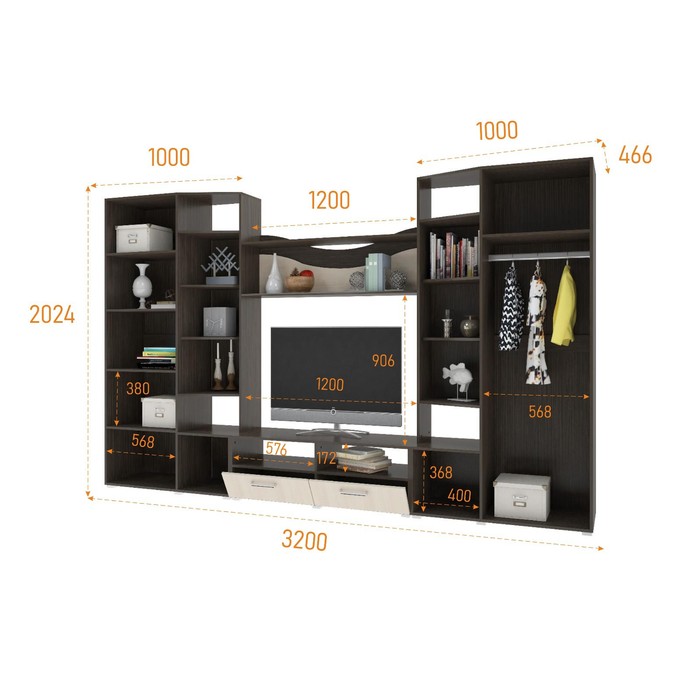 Гостиная «Гамма», 3200×2024×466 мм, цвет венге/дуб