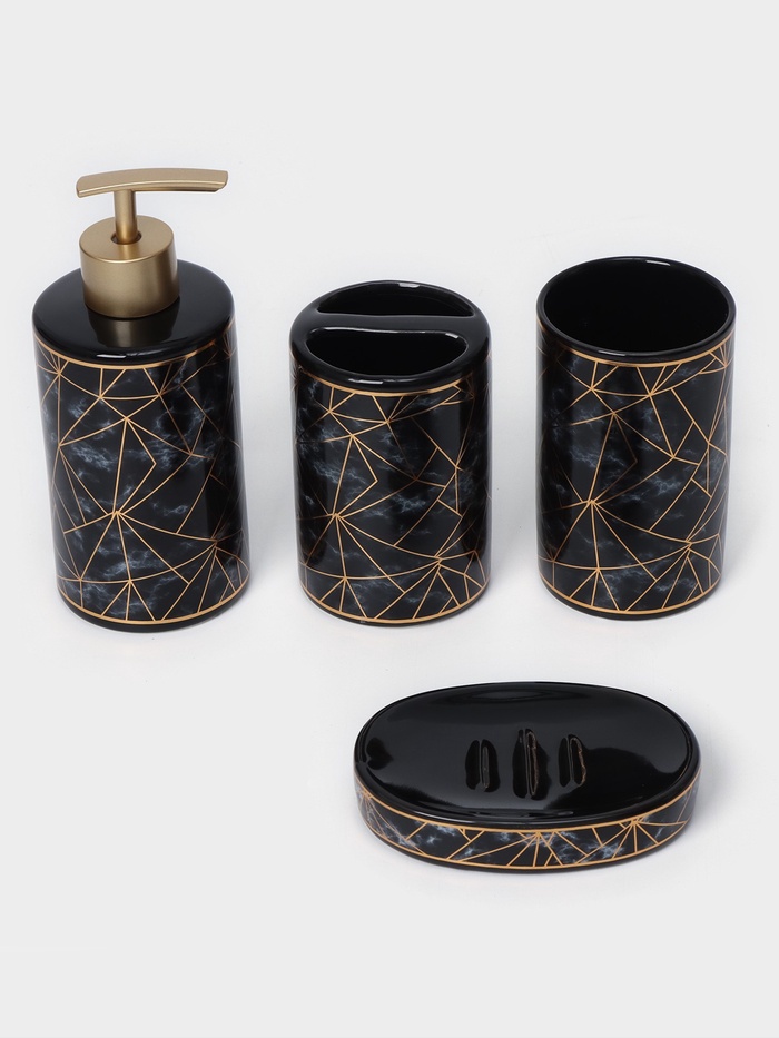 Аксессуары для ванной «Лофт», 4 предмета, дозатор 250 мл, мыльница, 2 стакана, чёрные