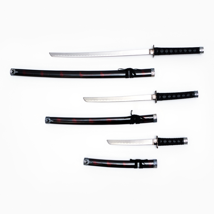 Макет оружия «Сувенирные катаны на подставке 3в1. Чёрный с дымкой», подарочный набор, ножны дерево, бордо глянец, 51 см; 77 см; 100 см