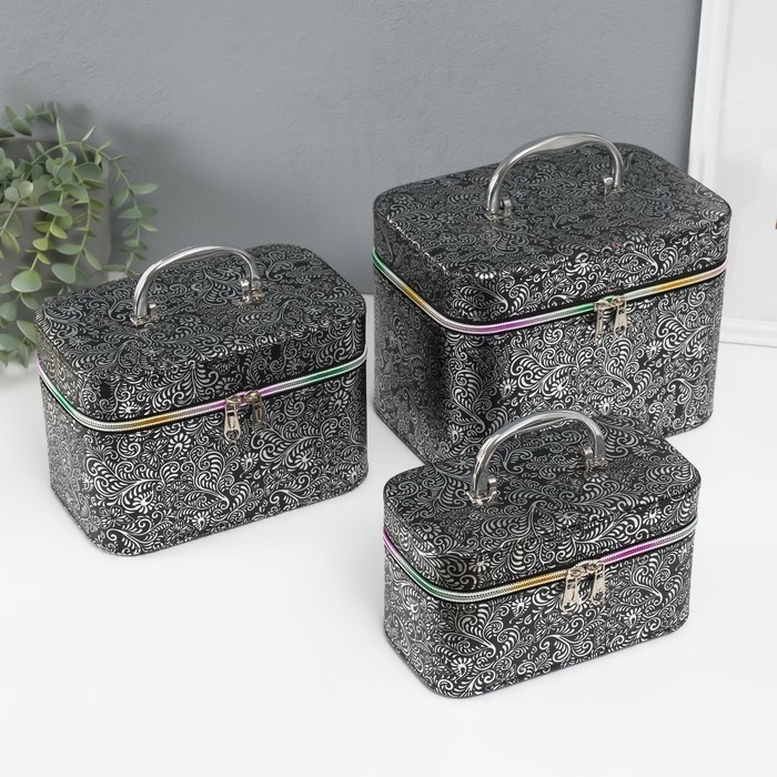 Набор шкатулок для украшений с зеркалом «Узоры бабочки», 3 шт., искусственная кожа, чёрная