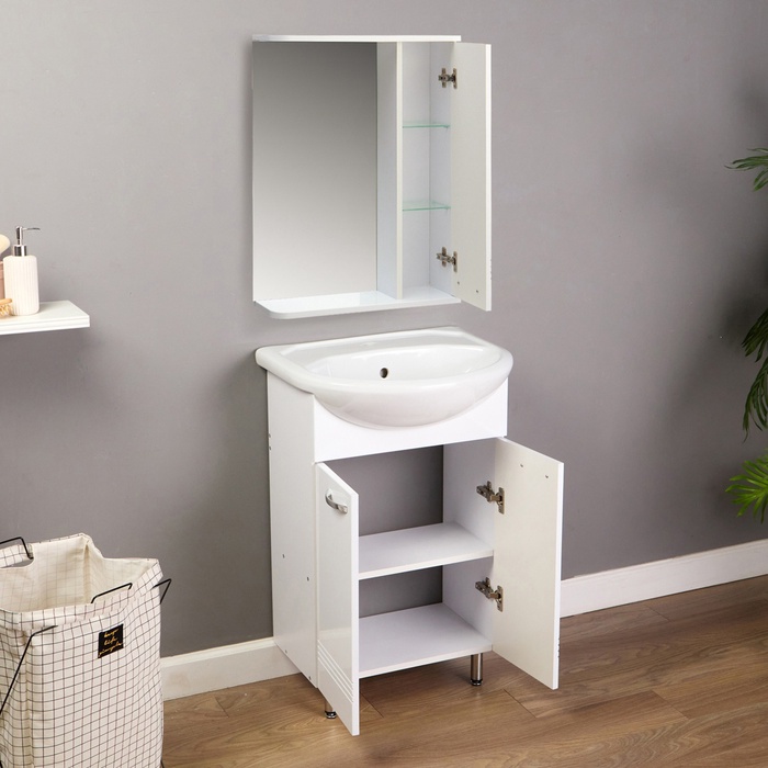 Комплект мебели для ванной комнаты «Балтика 55»: тумба с раковиной, зеркало - шкаф, белый