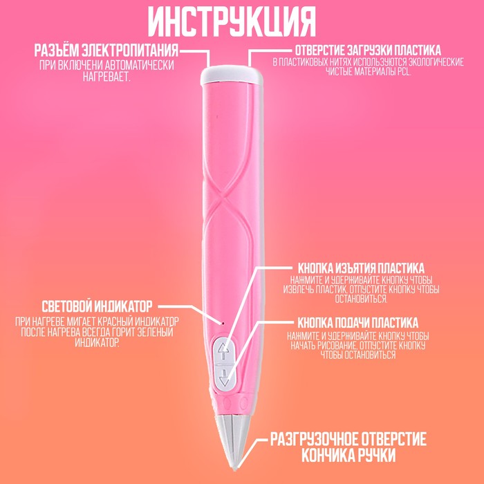 3D ручка с блоком питания, PCL пластик, светится в темноте, розовая