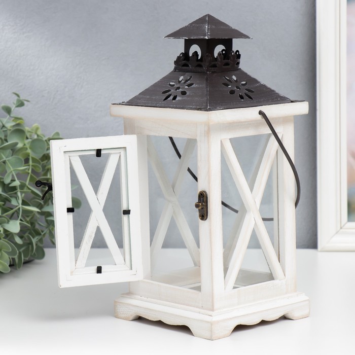 Деревянный подсвечник-фонарь на 1 свечу «Ставни», беж, 28×12.5×12.5 см