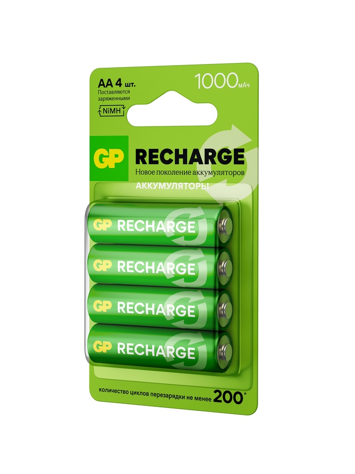 Аккумулятор GP, Ni-Mh, AA, HR6-2BL, 1.2 В, 1000 мАч, блистер, 4 шт.