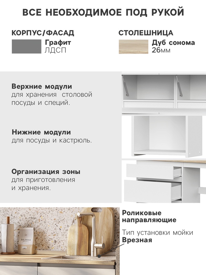 Кухня прямая «Денвер», 1600×600×2140 мм, цвет графит