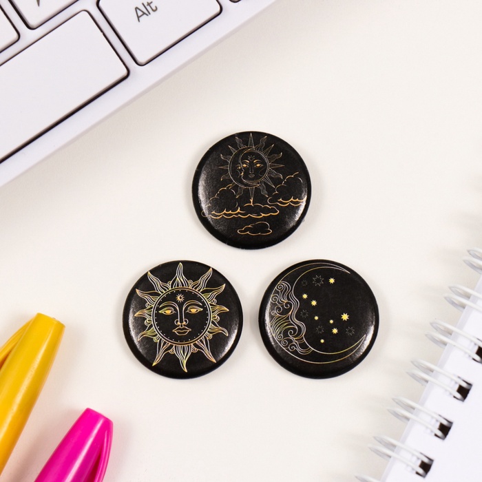 Набор значков на одежду, рюкзак, сумку «Солнце», 3 шт., d=25 мм, закатные, 7×7 см