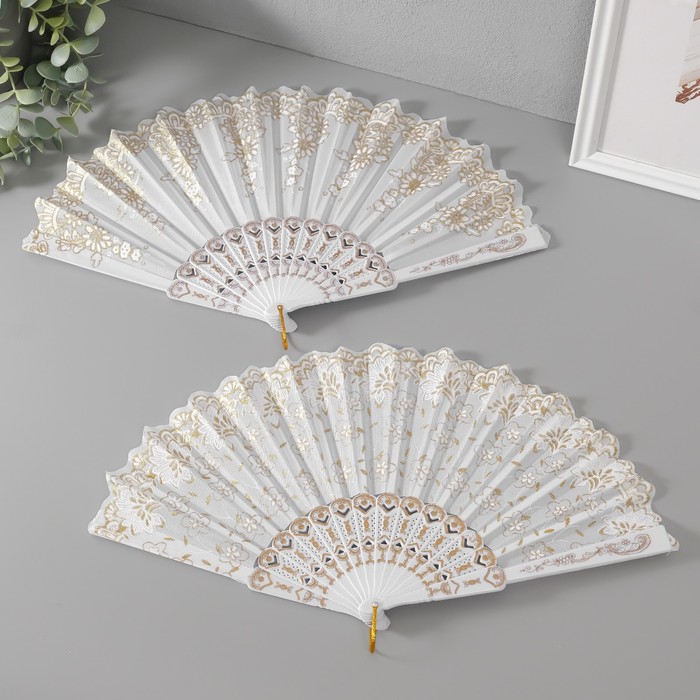 Веер складной «Золотые узоры», пластик, текстиль, блёстки, 22.5 см, МИКС