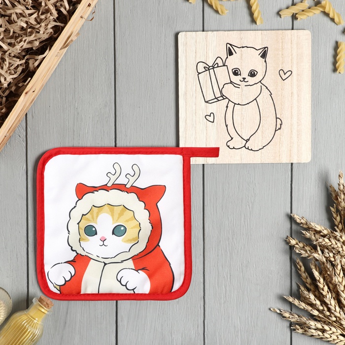 Кухонный набор «Котик»: подставка 15×15 см, прихватка 17×17 см