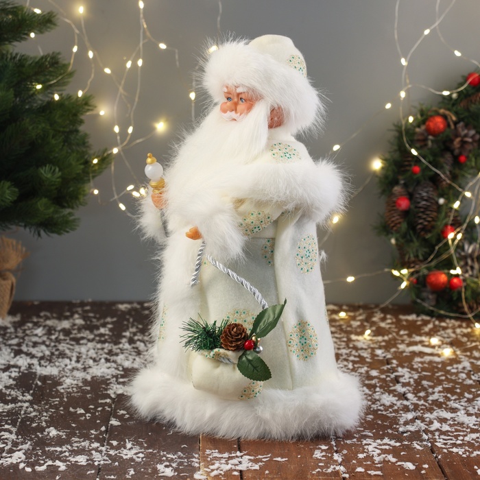 Дед Мороз под ёлку «Зимнее волшебство. В пушистой шубе, с мешком» двигается, 40 см, белый