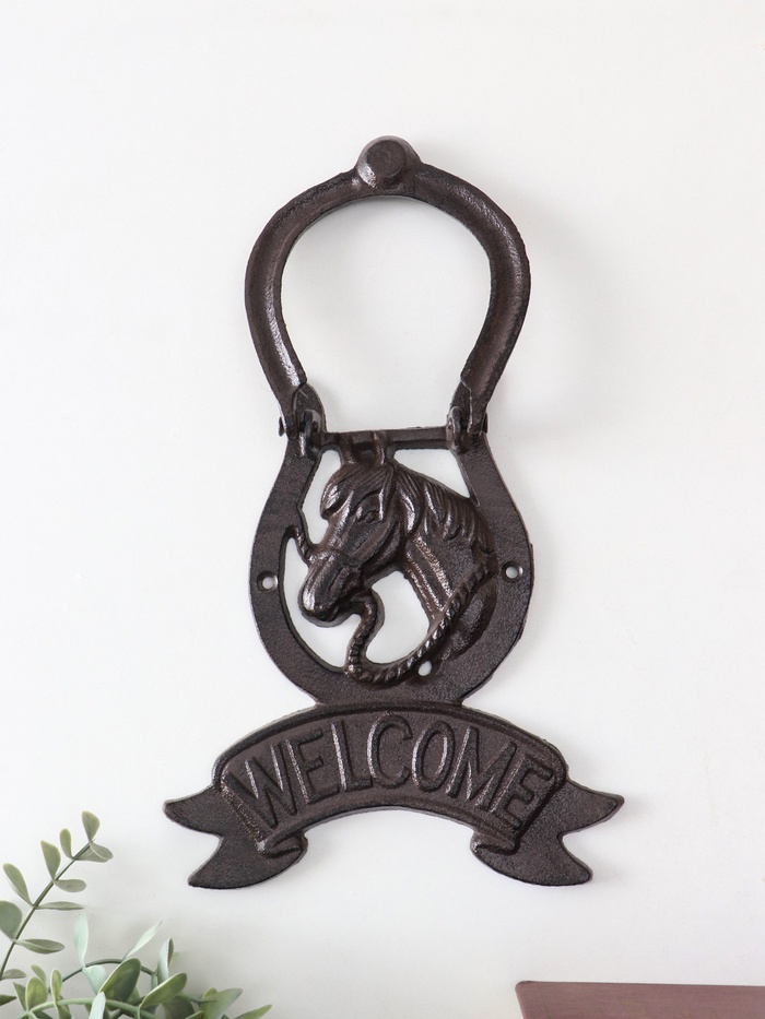 Дверной молоток для входной двери «Конь в подкове - Welcome», чугун, 18×2×21 см
