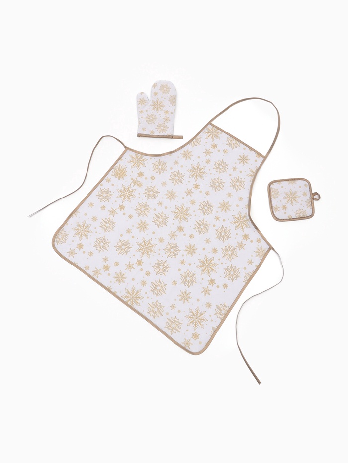 Кухонный набор «Доляна. Снежинки»: прихватка 17×17 см, варежка 26×16 см, фартук 70×80 см, золотой, 100% п/э