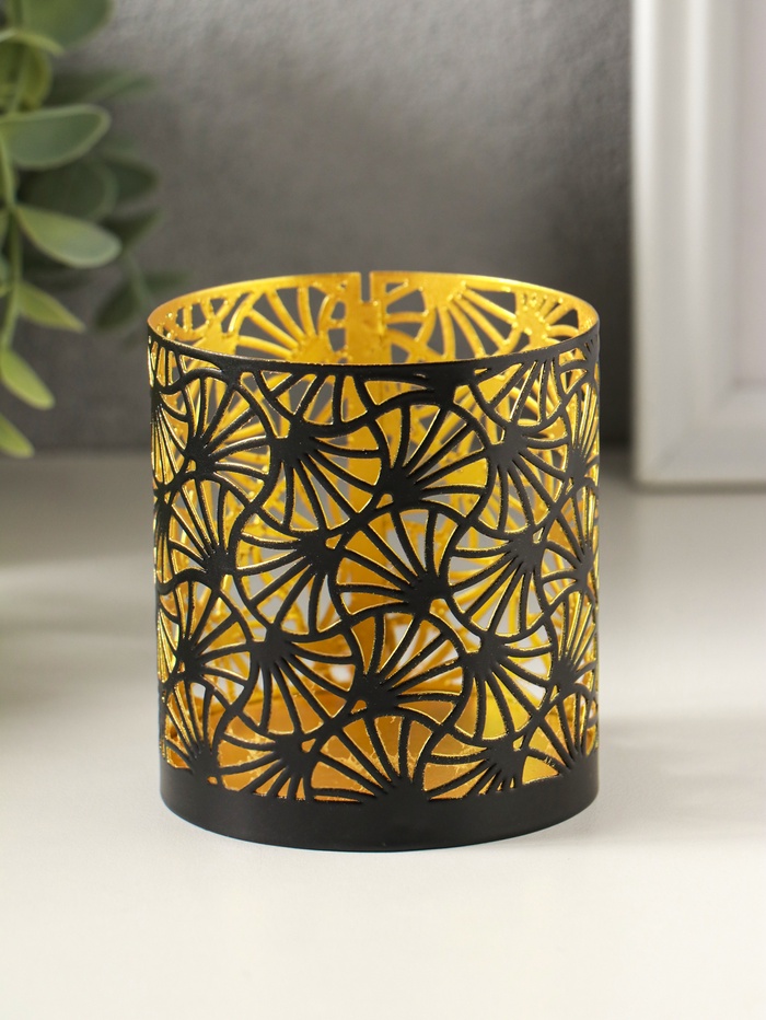 Металлический подсвечник «Цилиндр цветы», 7.5×7.5×8 см, чёрный с золотом