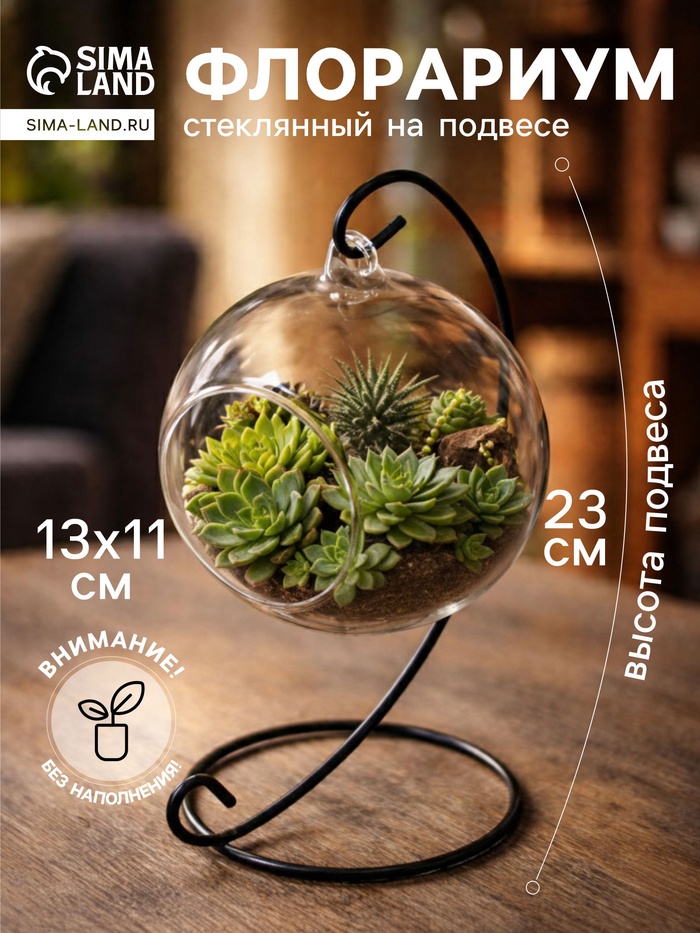 Флорариум «Сфера», на подвесе, d отверстия 6 см, 23×13×11 см