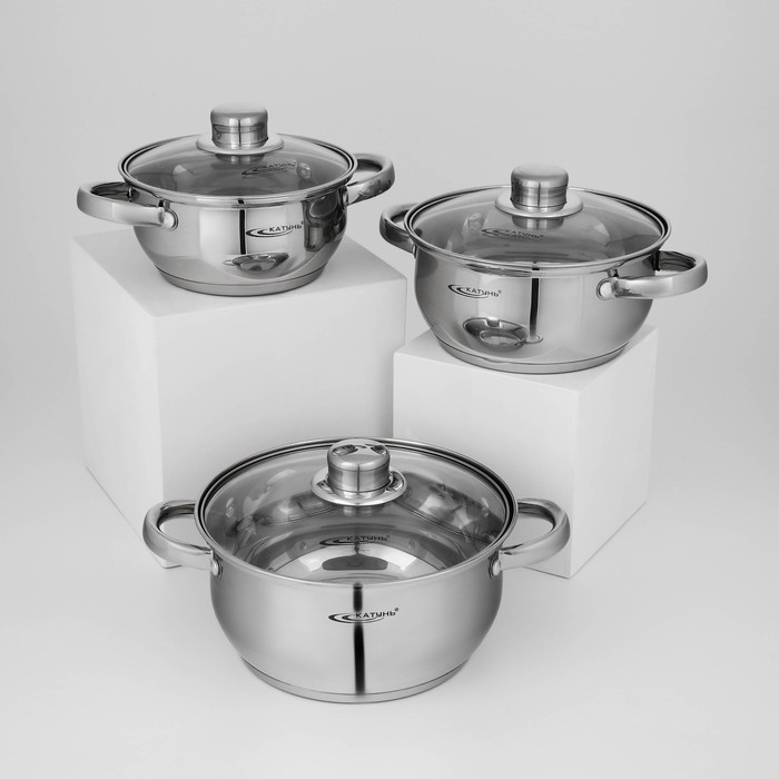 Набор кастрюль «Гретта», 3 предмета: 1.6 л, 2.2 л, 3.2 л, капсульное дно, индукция, нержавеющая сталь, AISI - 201