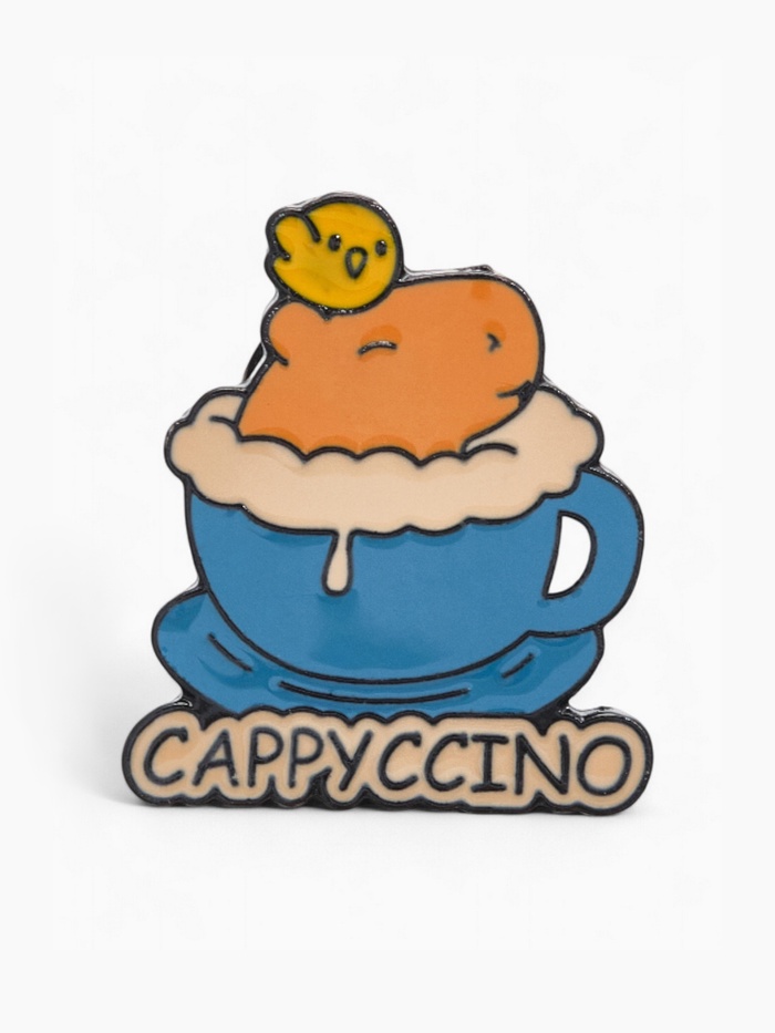 Значок «Капибара капучино», оранжево-синий в чёрном металле