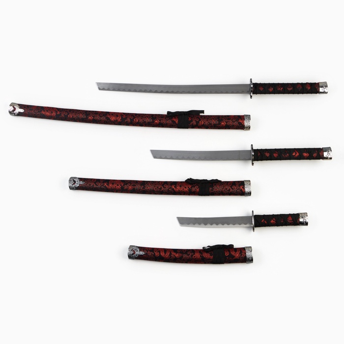 Макет оружия «Сувенирные катаны на подставке 3в1. Драконы красные на чёрном», ножны ткань, 47 см; 70 см; 89 см