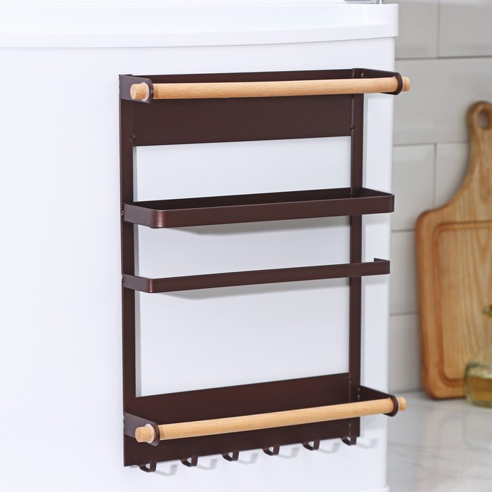 Держатель для кухонных принадлежностей на магните Доляна, 6 крючков, 4 направляющих, 34×24.5×6.5 см, коричневый