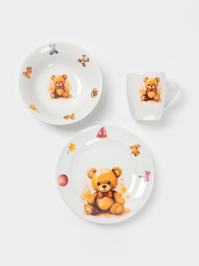 Набор детской посуды Дулевский фарфор «Мишутка», 3 предмета: тарелка 175 мл, миска 360 мл, кружка 210 мл, белый