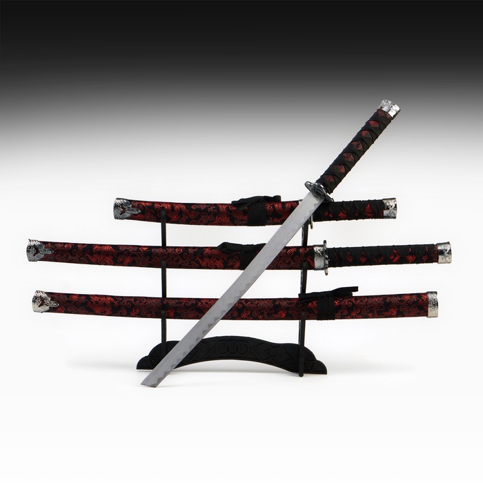 Макет оружия «Сувенирные катаны на подставке 3в1. Драконы красные на чёрном», ножны ткань, 47 см; 70 см; 89 см