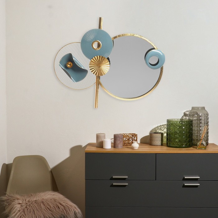 Декор настенный с зеркалом «Стиль. Круги», панно металл, сине-золотой, 65.4×83.8×8.3 см