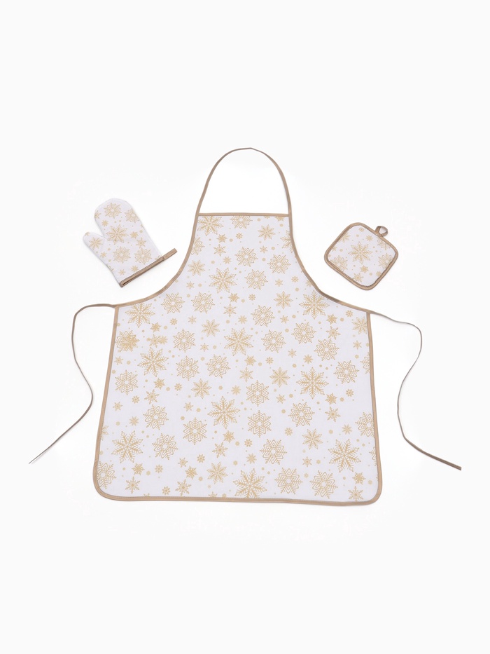 Кухонный набор «Доляна. Снежинки»: прихватка 17×17 см, варежка 26×16 см, фартук 70×80 см, золотой, 100% п/э