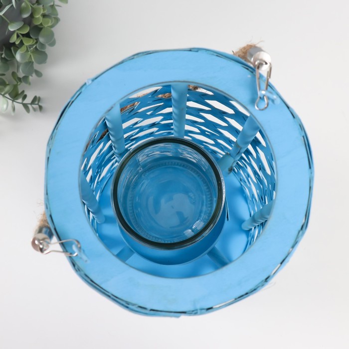 Деревянный подсвечник - фонарь на 1 свечу «Фонарик. Звёздное плетение», голубой, 51×16×16 см