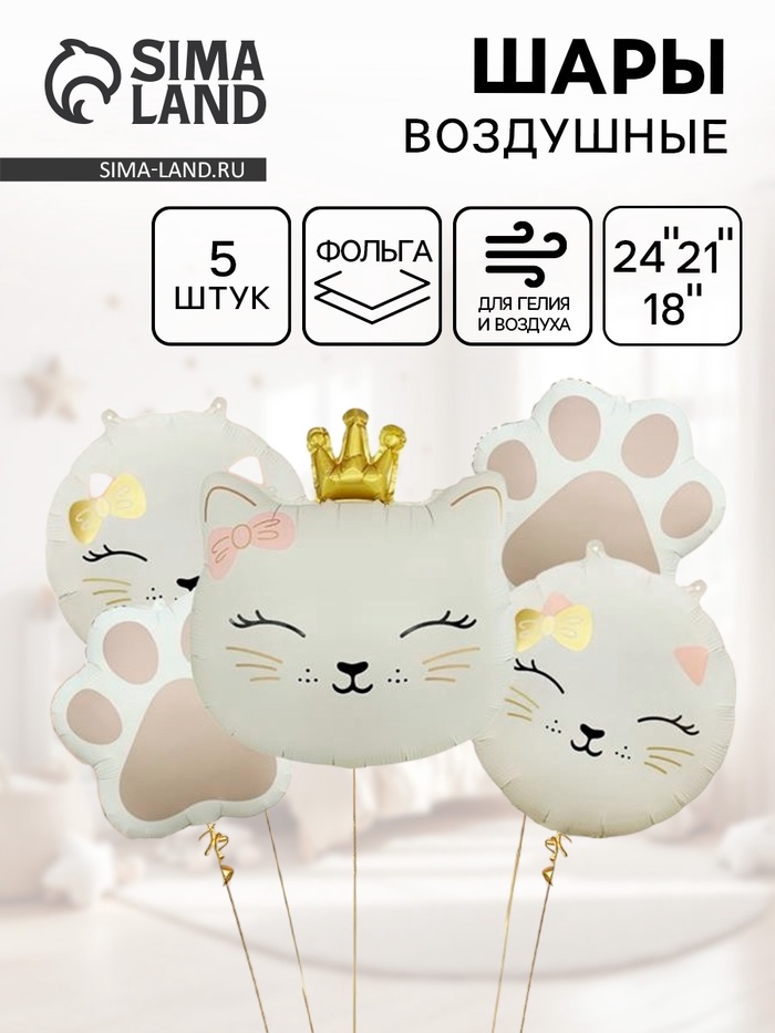 Воздушные шары «Кошечка с короной», набор 5 шт.