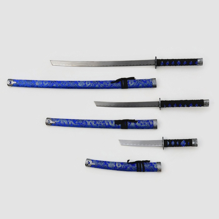 Макет оружия «Сувенирные катаны на подставке 3в1. Драконы на синем», подарочный набор, ножны ткань, 47 см; 70 см; 89 см
